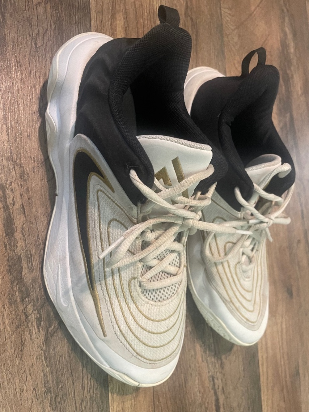 Nike Giannis Immortality 4 basketball shoes in a white, black, and metallic gold